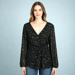 J. Crew Plus Size 3X Black Metallic Dot Jacquard Print V Neck Long Sleeve Top